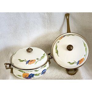 Vintage Enamel Lincoware 'Poppy' Dutch Oven &  Frying Pan with Lids & Brass